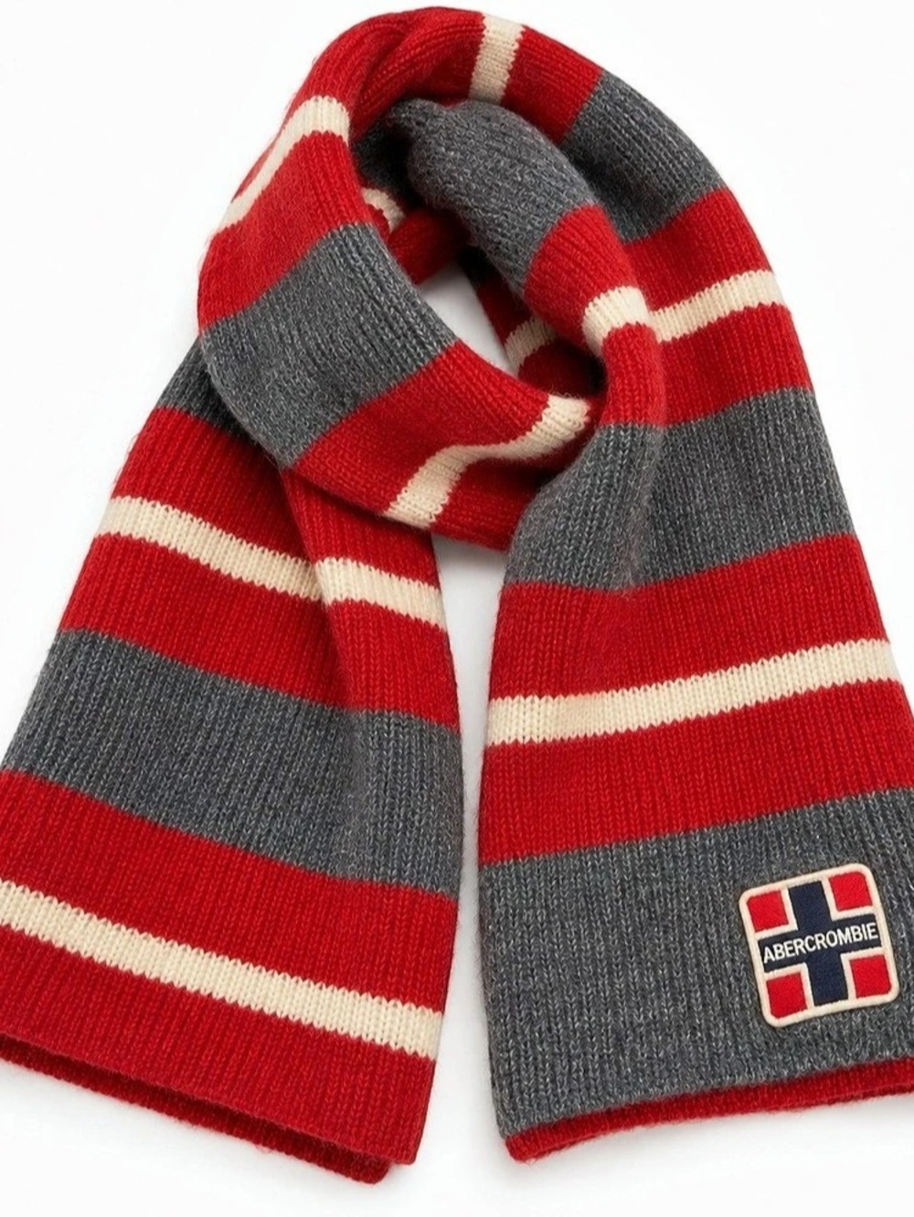 Abercrombie Wool Blend Striped Knit Scarf Red Gray Cream Preppy Y2K Winter